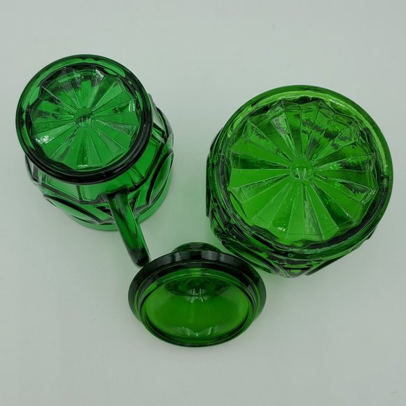 Wheaton Glass Emerald Green Bullseye Creamer Sugar Bowl with Lid Circles Panels - Picture 3 of 11